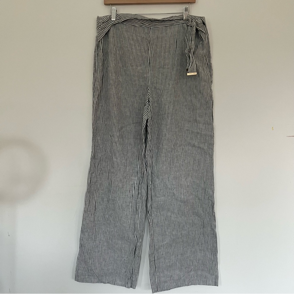 Michael Kors Linen Cotton Striped Wide-Leg Pants Casual Blue White w Belt Sz 12